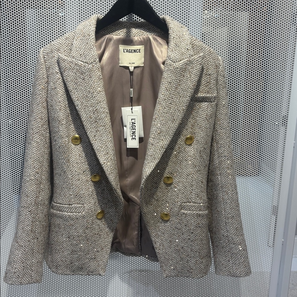 L'AGENCE Beige Tweed Double-Breasted Blazer with Gold Buttons - Picture 2 of 3